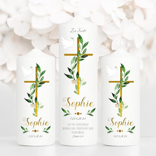 Wandtattoo Loft Taufkerze Junge oder Mädchen mit Taufspruch + 2 Patenkerzen, Motiv Taube und Jesuskreuz, 25cm x 7cm, personalisierte Kerze, bedruckte Kerze zur Taufe, Stumpenkerze, Taufgeschenk