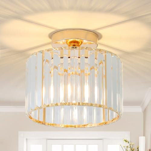 Rayofly Modern Crystal Chandeliers, Gold Ceiling Light Fitting with Glass Lampshade, Flush Lights for Living Room, Bedroom, Kitchen, Hallway, Bathroom