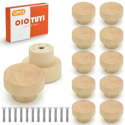 OioTuyi 12 Stück Möbelknöpfe Holz, Tür Schubladengriffe, Schrankknöpfe mit Schrauben, Holzknäufe für Schränke und Schubladen, Möbelgriffe Holz, ideal für kommode und Möbel, 35 x 26 mm