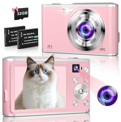 Cámara Digital,4K Autofocus Cámara Compacta Portátil con Tarjeta SD 32G y Cámara Dual,HD 48MP con Pantalla Grande de 2.8 Pulgadas, 16X Zoom Digital Camara de Fotos para Principiantes (Rosa)