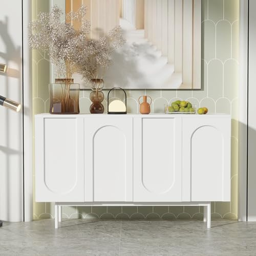 BTM Buffet Cusine, Armoire de Rangement avec Etagères Réglables, Buffet Moderne avec 4 Portes, Arche, pour Salon et Salle à Manger, 140x42x80cm, Blanc