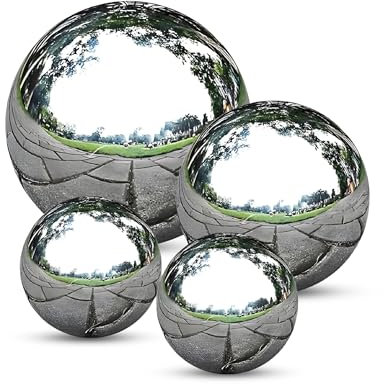 M&H Stainless Steel Gazing Balls Set of 4, Floating Pond Balls, Stainless Steel Polished Reflective Smooth Garden Sphere, 4, 4, 6, 8, Durable Stainless Steel Garden Ornaments for Lawn, Yard