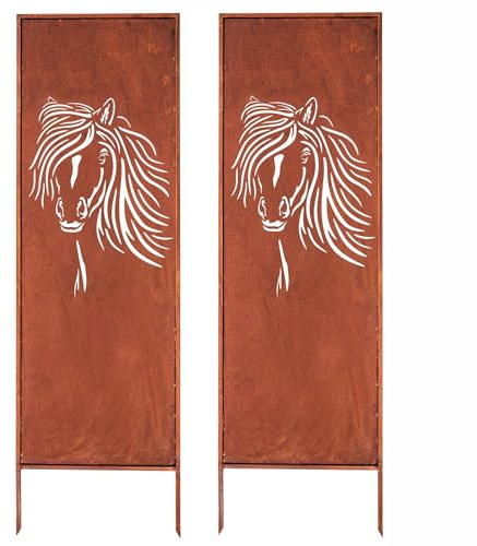 Kapaga - Sichtschutz Metall 2x - 160x50 cm - Edelrost - Rostoptik, Patina | für Garten und Terrasse - Corten, Sichtschutzelement - Sichtschutzwand - Gartendekoration Zaun - Rost (Pferd)