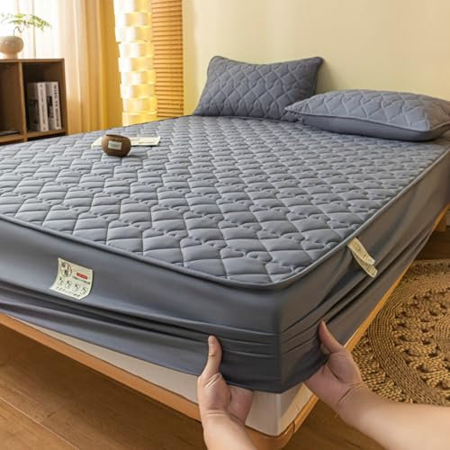 Spannbetttuch 180x200cm 25cm Hoch Dunkelgrau Einfarbig mit 2 Kopfkissenbezug, Bettlaken Boxspringbett Bettspanntuch Herzmuster mit Gummizug