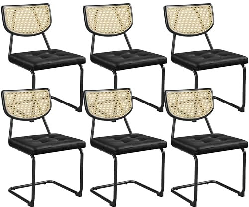 Yaheetech Chaise Cantilever Lot de 6 Chaises de Salle à Manger en Similicuir Dossier en Rotin Tissé Chaises de Cuisine Assise Capitonnée Pied en Métal pour Cuisine Salon Noir