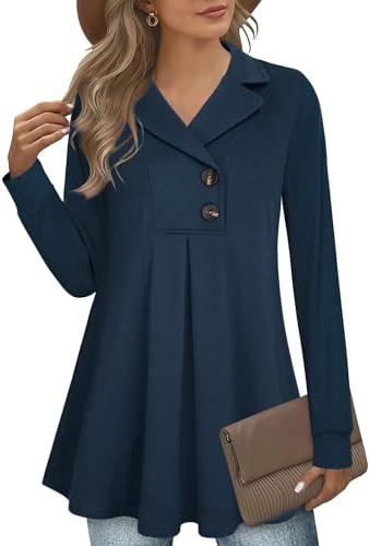 GUUKA Ladies Casual Long Sleeve V Neck Swing Tunic Tops Loose Pleated Pullover Button Sweatshirt Longline Jumpers Sweater For Women UK(Dark Blue,L)