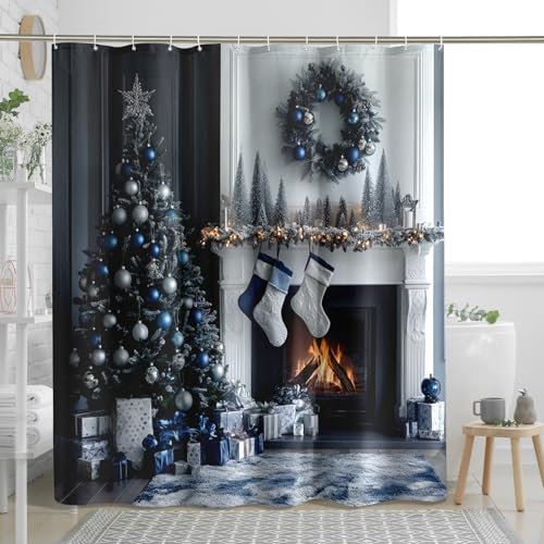 Weihnachtsbaum-Duschvorhang, Blau und Silber, Feiertags-Badezimmer-Dekor, winterfestlich, wasserdicht, Stoff-Duschvorhang-Set mit Haken, 183 x 183 cm