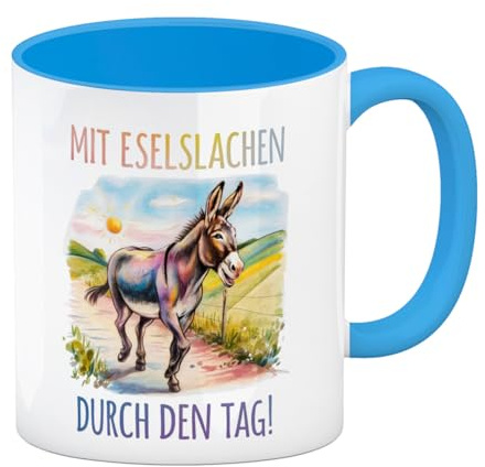 Mit Eselslachen durch den Tag Kaffeebecher in hellblau Lustiger Spruch Esel-Tasse für Büro und Zuhause