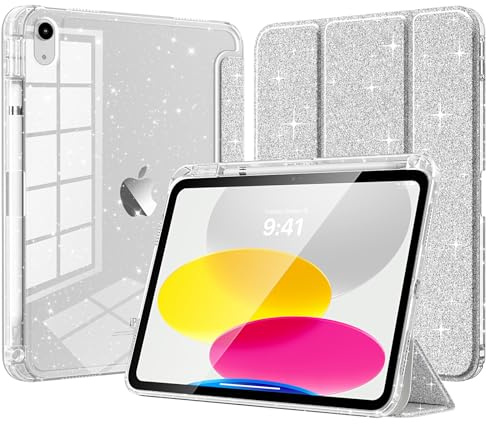 TiMOVO Cover per iPad A16 11a Gen 11&10a Gen 10,9, Argento Glitterato | Portapenne, TPU Brillantini, Scocca Posteriore Trasparente Lucida, Supporto Trifold Sottile, Auto Sveglia/Sonno