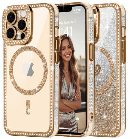 Ethanger for Magnetic Glitter Phone Case for iPhone 13 Pro Max, Sparkling Rhinestone Border with Removable Glitter Insert Compatible with MagSafe Girly Women Cover for iPhone 13 Pro Max, Gold
