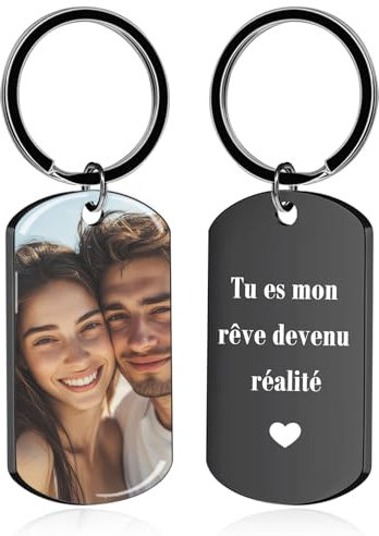 Porte Clef Personnalisable avec Photo et Texte Double Face Porte Clé Personnalisé Idée Cadeau pour Homme Femme Couple ou Famille (Noir – UV)