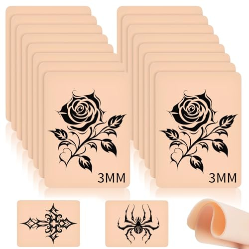 Kunsthaut Tattoo 3mm,16PCS Übungshaut Doppelseitig Silikon 20x15cm | Fake Skin für Anfänger Verdickte Realistische Haptik, Formbar für Konturen, Tattoo Microblading, Konturübungen für Tätowierer