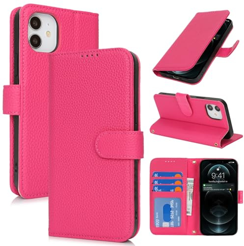 Zouzt Leather Wallet Case for iPhone 12 Mini, 4 Card Slot, Rose Red