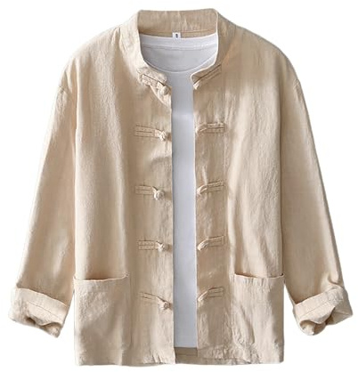 Men's Shirt Tang Suit Shirt Long Sleeve Traditional Kung Fu Uniform Chinese Frog Buttons Lightweight Jacket Summer(Khaki, XL)