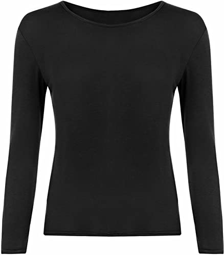LUXE FASHION Women Ladies Long Sleeve Round Neck Plain Top Stretchy Casual Summer T-Shirts Basic Slim fit Tee Tops UK Plus Size 8-26 Black