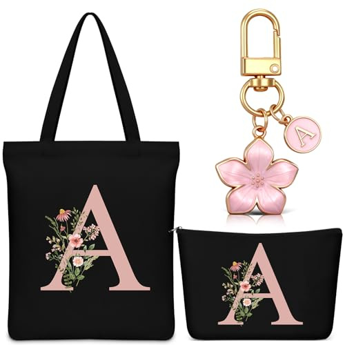 Hestya Set 3 Cadeaux avec Initiale Lettre pour Femme Ami Collègue, Noir, A | 1 Sac Fourre-Tout en Toile Personnalisé, 1 Trousse de Maquillage avec Nom, 1 Porte-Clés avec Lettre, Anniversaire, Mariage