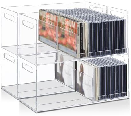 CroBlissful CD-Aufbewahrungsbox aus Acryl, stapelbar, mit ausgeschnittenen Tragegriffen, Organizer-Regal für Medien, Filmhüllen, DVD-Organizer, 4 Stück