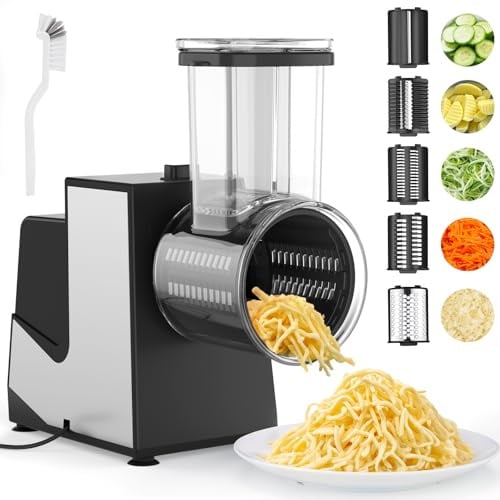 FITNATE Electric Grater with 5 Stainless Steel Blades | One-Touch Food Processor Salad Maker, Slicing, Shredding & Grinding, Cheese, Vegetables, Nuts, Biscuits, Easy to Operate
