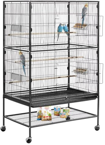 VEVOR Bird Cage, 31.5 x 20.5 x 52 inch, Flat Top, Wrought Iron Bird Flight Cage with Perches, Slide-Out Tray and Plastic Feeders, Casters, for Parrot, Blue Tit, Cockatiel, Canary, and Monk Parakeet