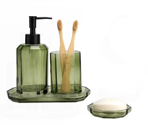 BM Set Accessori Bagno in Vetro 4 Pezzi – Dispenser Sapone, Porta Spazzolino, Vassoio e Portasapone – Design Elegante e Moderno per Bagno e Toilette (Verde)