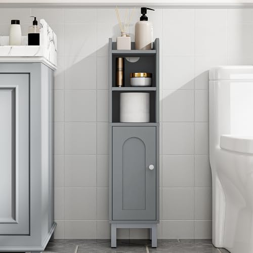 Hzuaneri Bathroom Cabinet, Small Floor Cabinet with Door and Shelve, Gray | Narrow Toilet Paper Cabinet, Bathroom Storage Cabinet with Door and Adjustable Shelf, for Small Corne Spaces, BC08221GR