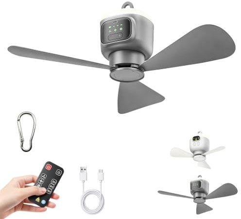 ZVD Ventilador de Techo PortáTil, Usb Rechargeable 3-Speed Led Lamp, Ventilador de Techo Para Tienda de CampañA, Cenador, Caravana, Dormitorio, Incluye Control Remoto (Gris 12000mAh)