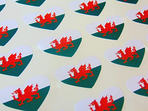 Pack of 50, Heart Shape 35x23mm, Wales Self-Stick Flag Stickers Welsh Dragon Self-Adhesive Labels