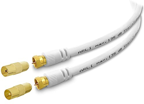 ARLI 15m TV Antennenkabel weiß – max. 135 dB 5-fach geschirmt | vergoldete F-Stecker & IEC Adapter Antennenstecker Antennenbuchse | DVB-C DVB-T2 DAB+ 4K 8K HDTV Anschlusskabel weiss
