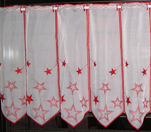 Scheibengardine nach Maß edel bestickt mit Sternen in rot - Höhe 45 cm - Breite der Gardine durch Stückzahl in 32 cm Schritten wählbar - Weihnachtsgardine Stern Bistro mit Spitze Fensterbild Weihnachten Sterne Typ302