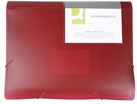 Q-Connect Carpeta organizadora con banda elástica, 6 compartimentos, separadores, bolsillos, polipropileno, carpeta A4, color rojo transparente, tiene compartimentos con ventanas de índice e índices