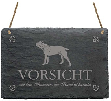 Schiefertafel Cane Corso Italiano « VORSICHT VOR DEM FRAUCHEN DER HUND IST HARMLOS » Schild mit Hunde Motiv - Türschild Dekoration Dekoschild - Italienischer Corso-Hund