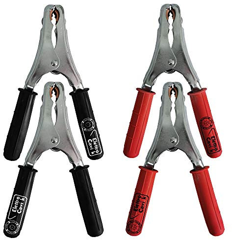 ® ELETTRO CAVI K - PINZE A COCCODRILLO IN ACCIAIO ZINCATO PROFESSIONALI PER BATTERIA AUTO MOTO CAMION TIR TRATTORI CON MORSETTIERA IN RAME 400 A (2 ROSSE + 2 NERE)