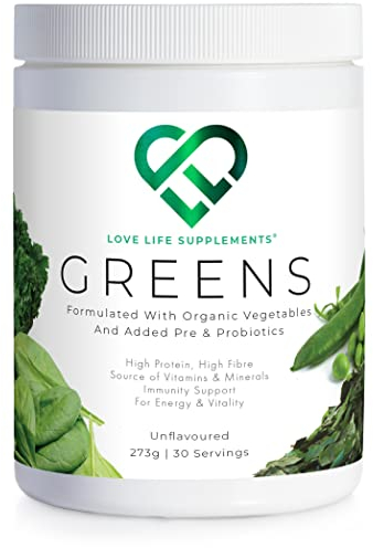 Organic Greens by LLS | 273g - 30 Servings | Unflavoured | Contains 6 Organic Greens - Kale, Spirulina, Spinach, Seagreens, Pea, Chlorella Plus Inulin and Lactospore® | Love Life Supplements