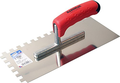 HAROMAC Glättekelle Made in Germany, 10x10 mm gezahnt, rostfreier Edelstahl,2 Komponenten Softgriff, Profiqualität, Glätter, Traufel, Glättscheibe