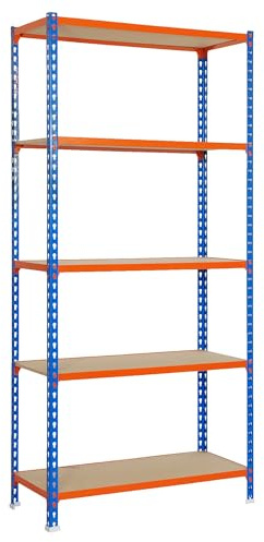 SimonRack Schwerlastregal, Lagerregal, 180x90x40 cm, Metallregal, Kellerregal, Biegestelle 150 kg, 5 Holzfachböden, Blau/Orange/Holz - Maderclick | 5 Höhen, Holzablage, Biegepunkt 150 kg, Korrosionsschutzlackierung, Klicksystem-Montage, Blau/Orange