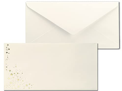 100x Briefumschläge mit Metallic Sternen - DIN Lang - Gold geprägter Sternenregen - Farbe: creme, Nassklebung, 80 g/m² - 110 x 220 mm - ideal für Weihnachten