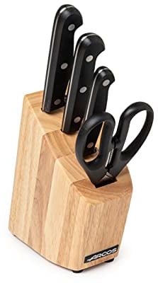 Arcos Conjunto Cuchillos 4 piezas (3 Cuchillos + 1 tijeras). Acero Inoxidable y Hoja mm. 1670 gr. Bloque madera pino. Mango ergonómico polioximetileno POM. Serie Universal. Mayor control. Color negro.