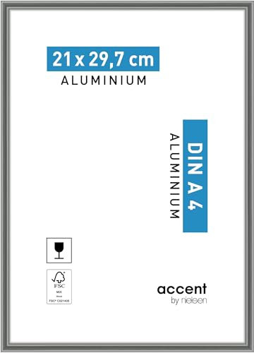 accent by nielsen Bilderrahmen, 21 x 29,7 cm (A4), Aluminium, Grau glanz, Dokumentenrahmen zum Aufhängen im Hoch- & Querformat, Echtglas, Accent