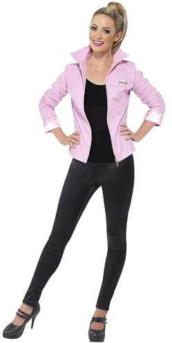 Smiffys Grease Deluxe Pink Ladies Jacket for Adults, Pink Jacket with Embroidered Logo and Name Badges, Officially Licensed, Ideal for Group Outfits in Fancy Dress Events and Parties