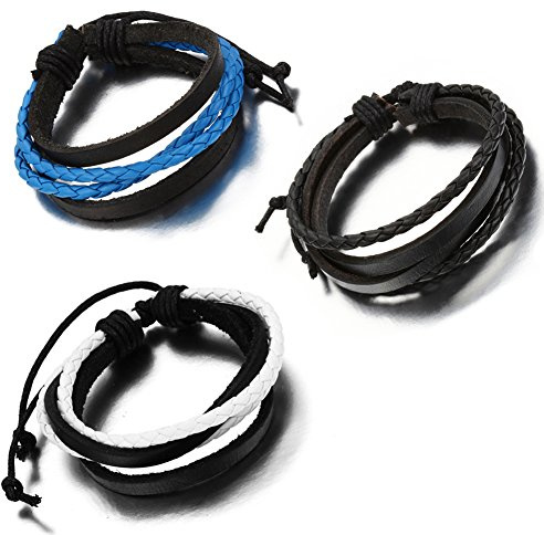 Flongo Men's Womens Tribal Braided Leather Rope Surfer Wrap Bangle Bracelet, Fit 7-9 inch Wrist