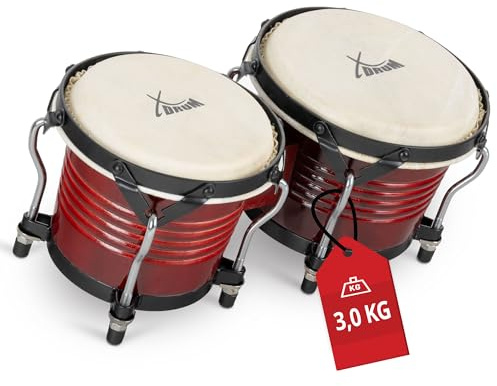 XDrum Bongos Pro Weinrot - 2 Trommeln mit 6,5 (17 cm) und 7,5 (20 cm) Durchmesser - Bongotrommeln mit stimmbaren Naturfellen und Stimmschlüssel - Holztrommeln Rot