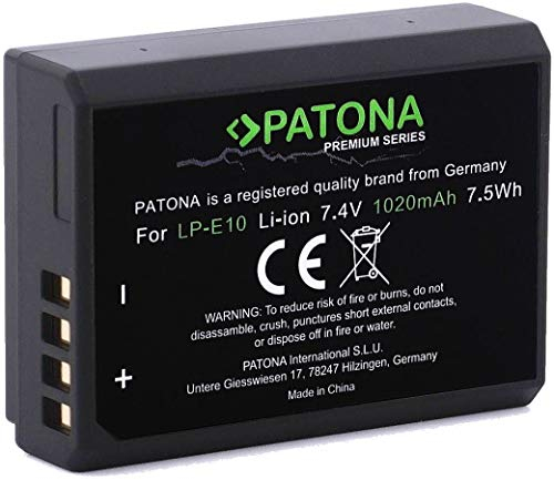 PATONA Premium Akku LP-E10 (echte 1020mAh) mit Infochip - voll kompatibel mit Canon EOS 1100D 1200D 1300D 2000D 4000D