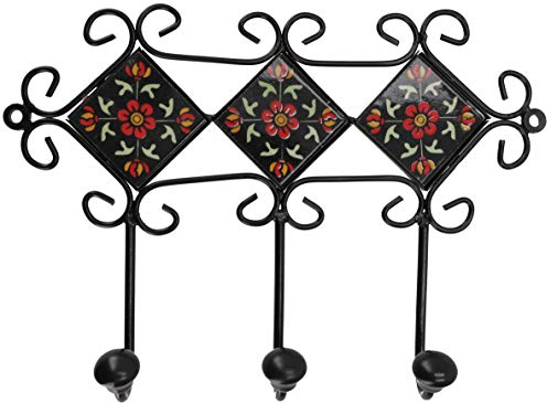 GURU SHOP Dreier Garderoben Haken, Boho Wandhaken mit Fliesen, Vintage Kleiderhaken, Handtuchhalter - Modell 7, 21x28x6 cm
