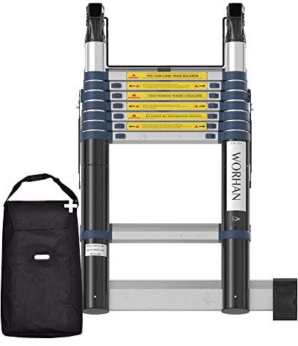 WORHAN Echelle de 5m Télescopique Aluminium Anodisé avec 2 Stabilisateurs Télescopiques Modulable Pliable Polyvalente Escabeau Solide 500cm K5A+Bag
