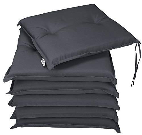Detex® Sitzkissen Stuhl 6er Set Wasserabweisend 43x39x5cm Befestigungsriemen Waschbar Reißfest Stuhlkissen Sitzauflage Sitzpolster Gartenstuhl Anthrazit