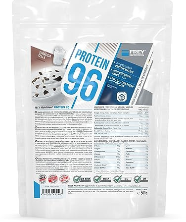FREY Nutrition PROTEIN 96 (Stracciatella, 500 g) Ideal für kohlenhydratreduzierte Diätphasen und als Zwischenmahlzeit - Hoher Caseinanteil - low carb - Made in Germany