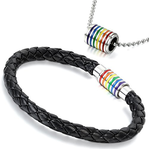 Aroncent Armband Halskette Schmuck Set, Edelstahl Regenbogen Rainbow Charms, Geflochten Leder Armband Armreif, Kette Handsband mit Anhänger