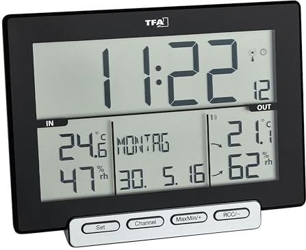 TFA Dostmann Trinity Funk-Thermo-Hygrometer, für Raum- und Außenklima, inklusive Thermo-Hygrosender, L 157 x B 43 x H 117 mm