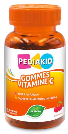 PEDIAKID - Vitamin C Gums - Natürliche Formel mit köstlichem Kirscharoma - Hilft, Müdigkeit zu reduzieren - Unterstützt den Energiestoffwechsel und die Abwehrkräfte - 60 Gums