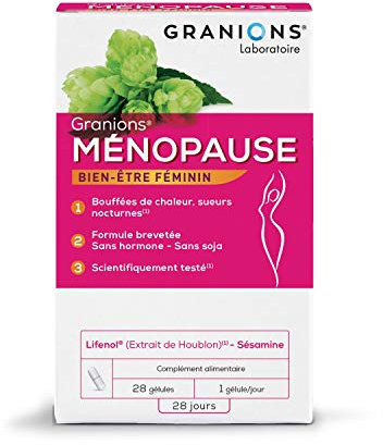 GRANIONS Ménopause - 28 Gélules = 28 jours - Lifenol [Extrait de Houblon], Extrait de Sésame [Sésamine]- Bouffées de Chaleur, Sueurs Nocturnes - Sans Soja - Marque Française